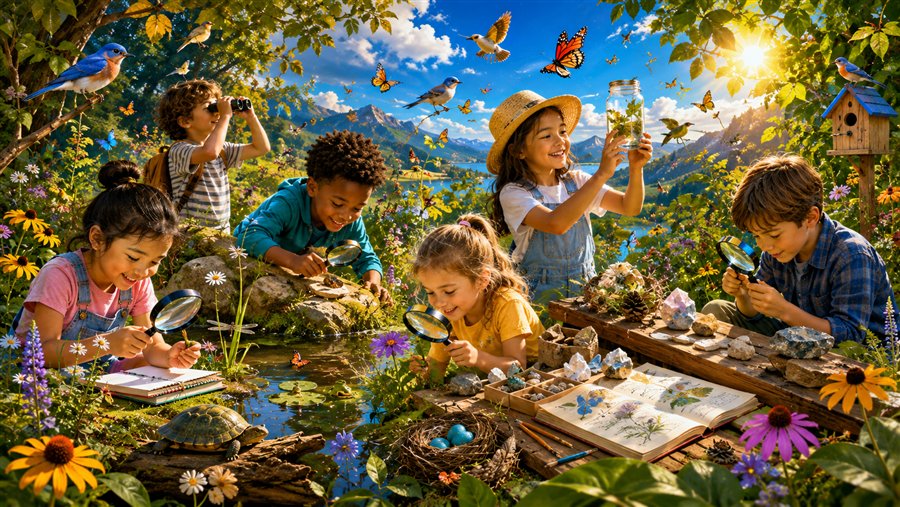 Children studying nature closely with magnifying glasses and field journals