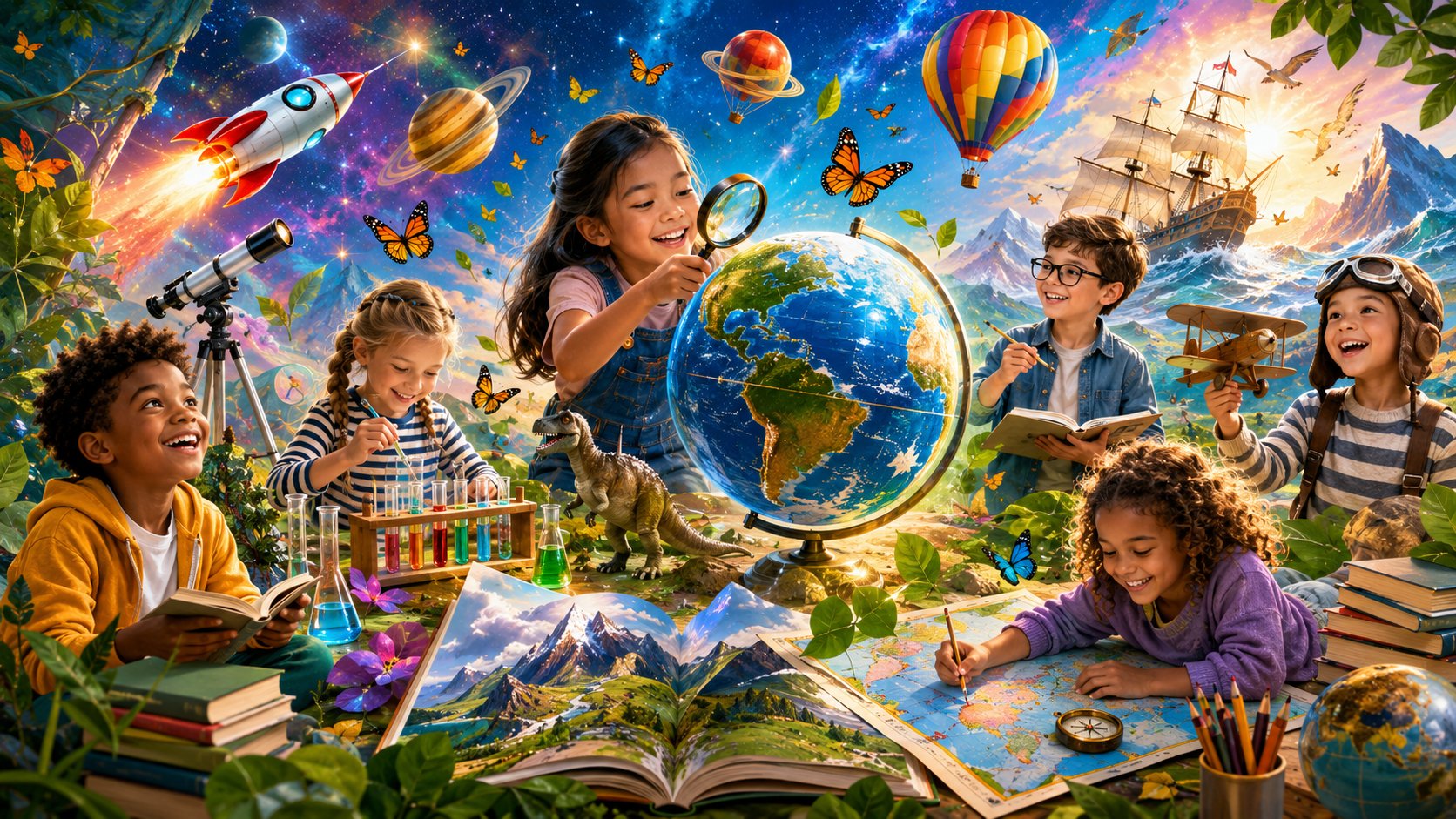 Illustration: children gathered around a globe with maps, books and instruments — a world of knowledge opening up
