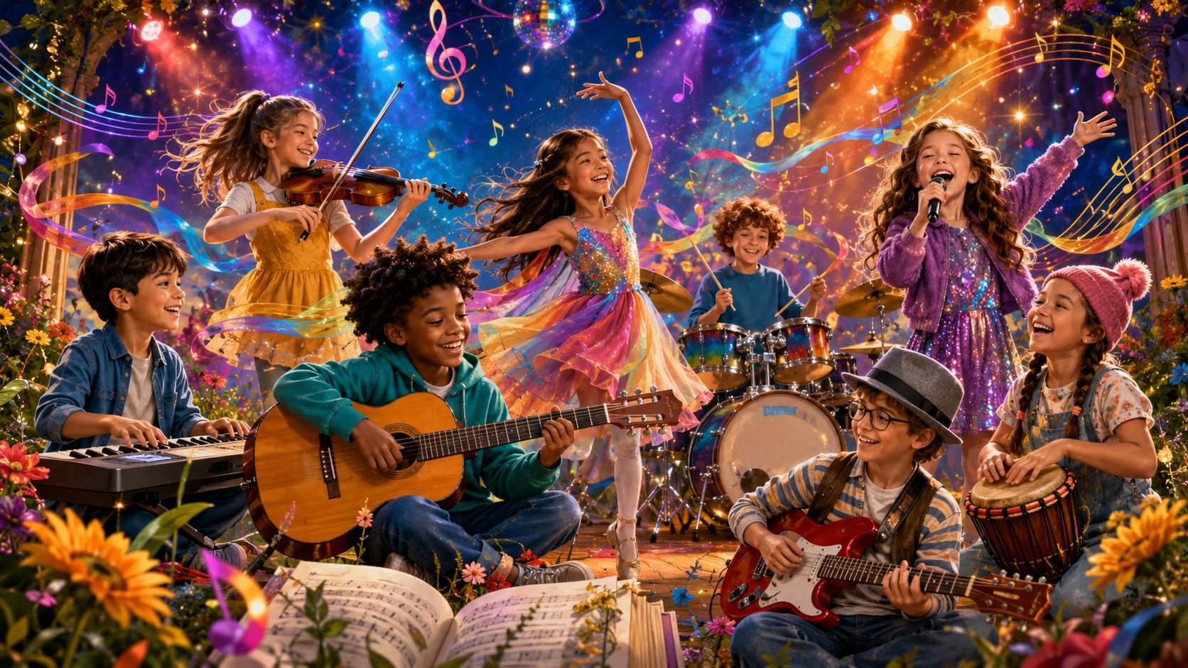 Illustration: children making music together on a bright stage